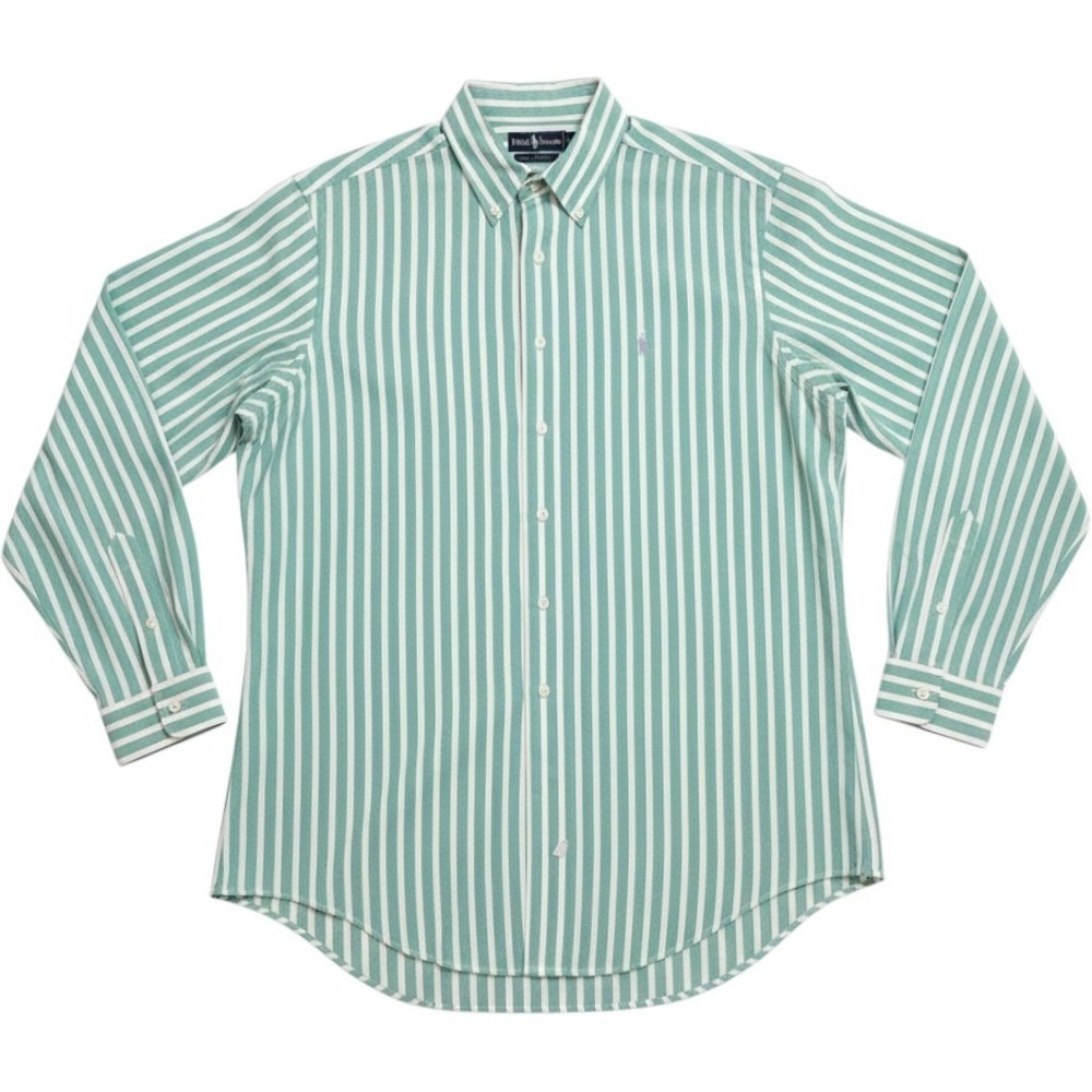 Ralph Lauren Mens XL Teal White Striped‎ Hand Woven Cotton Button Down Shirt